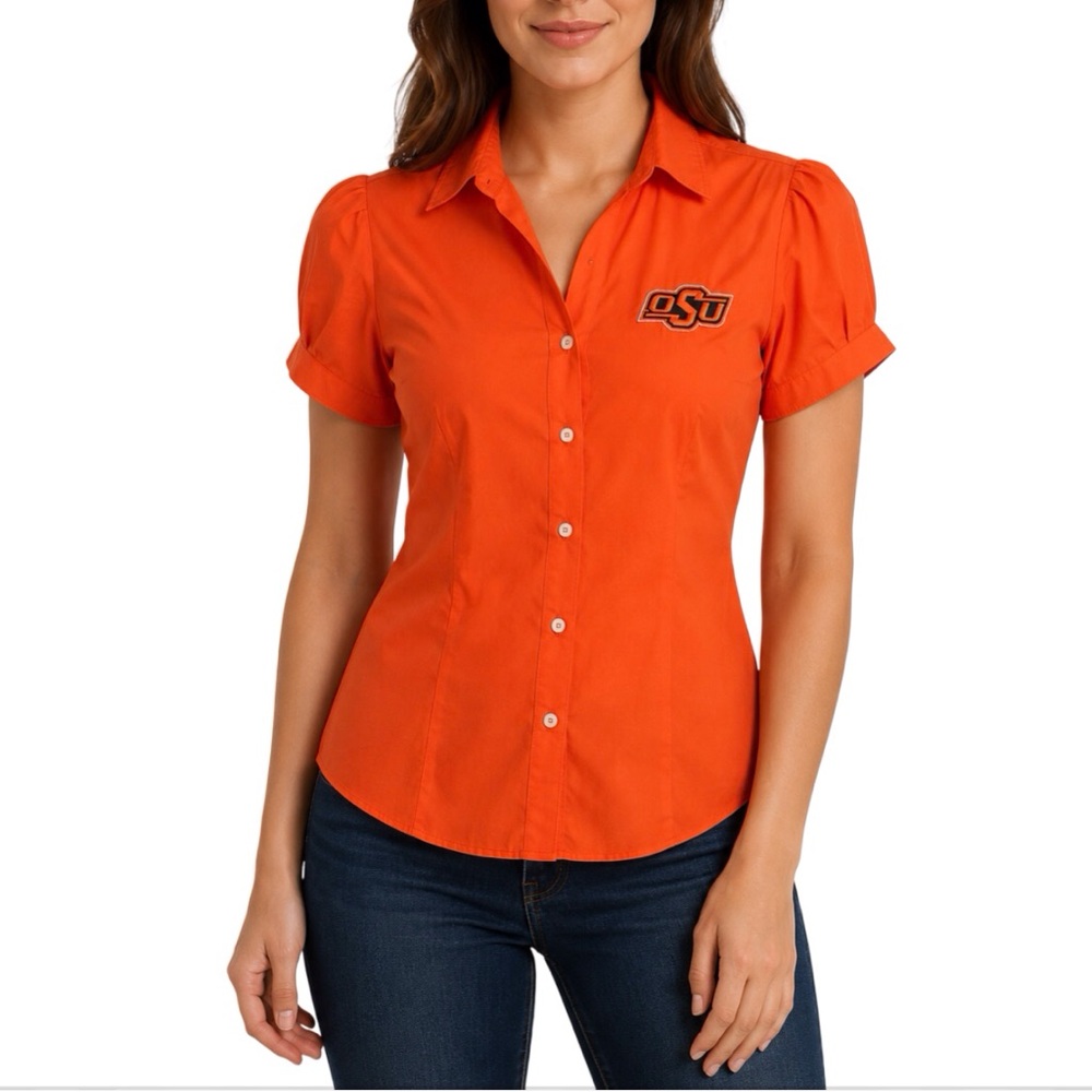Oklahoma State Cowboys Womens Top Size XS Orange Blouse Embroidered OSU Logo New